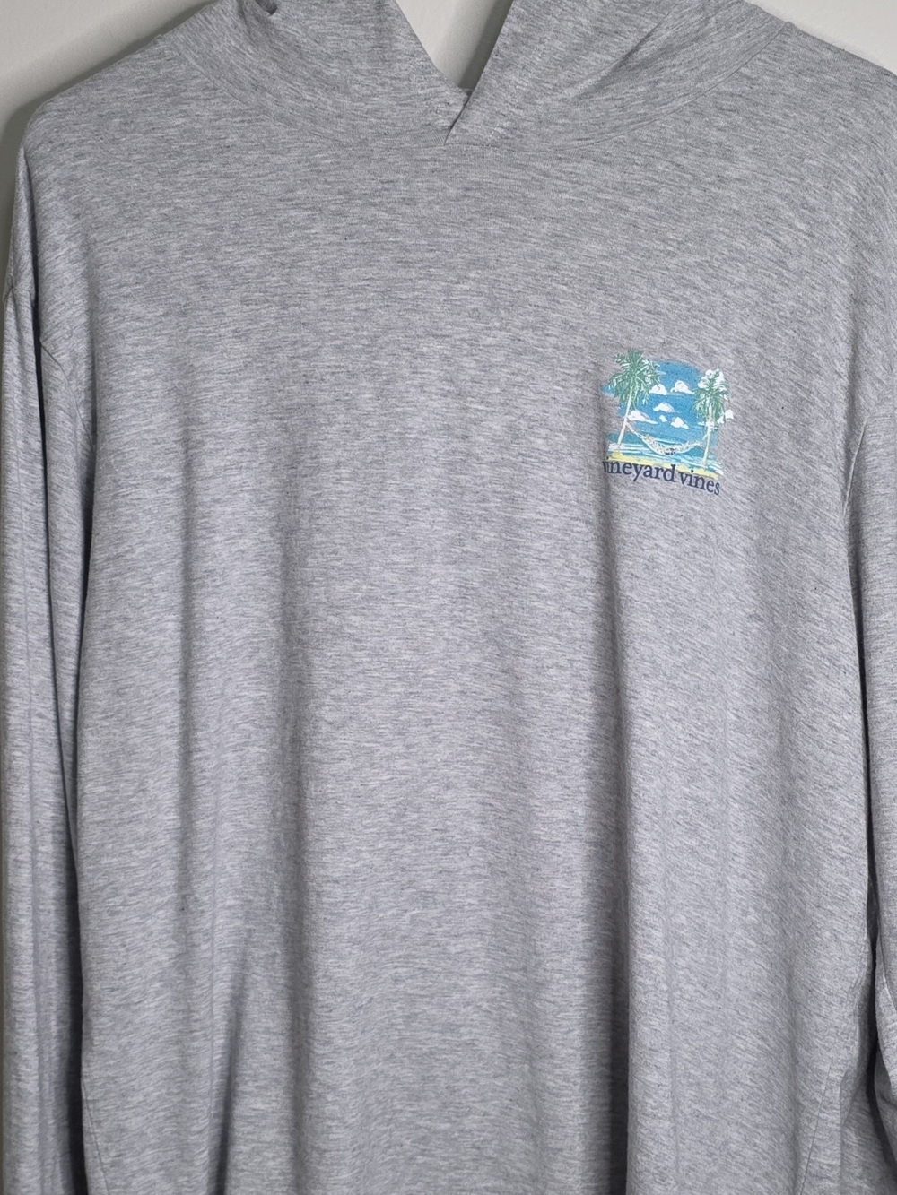 Vineyard Vines Heather Gray Hooded Longsleeve with Blue Beach Logo